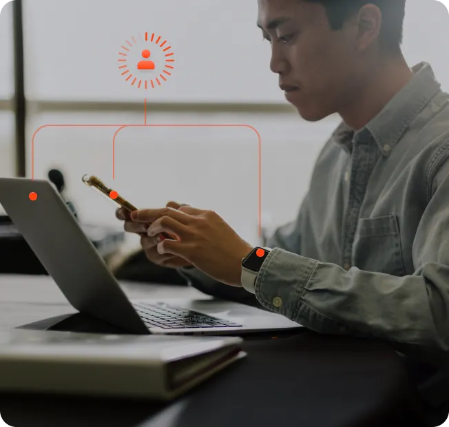 Illustration: one visitor's laptop, phone and watch connected to one profile