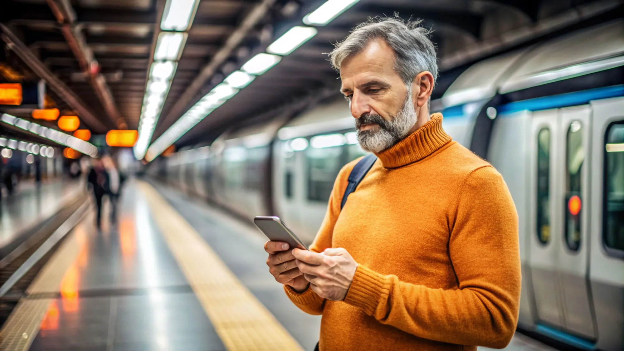 A reader looking at a phone on a train platform